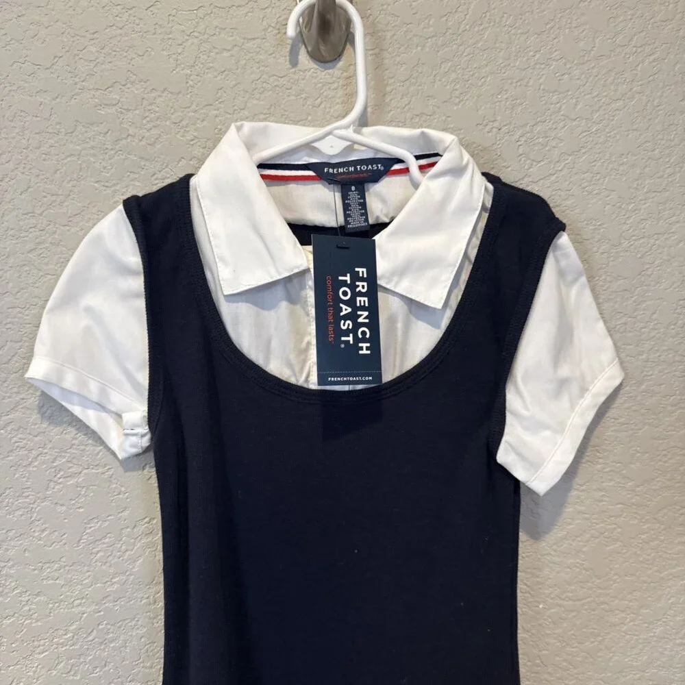French Toast Girls V-Neck Pleated Jumper, Navy Blue Size 8 NWT Built In Shirt